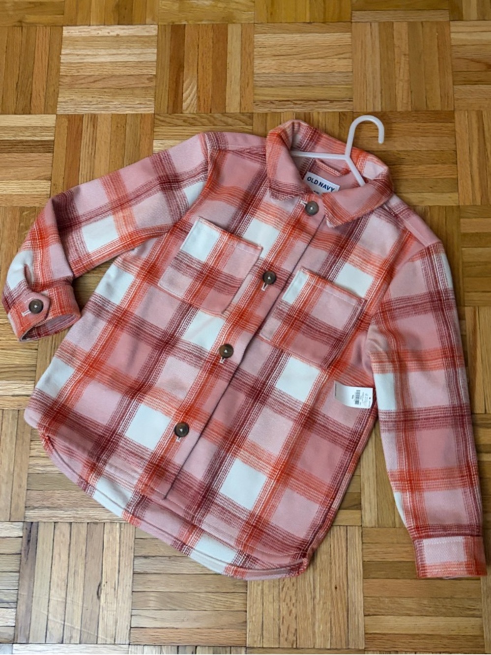 NWT Old Navy Plaid Button-Down Shacket Jacket Pink & White Girls Size 8 /Medium
